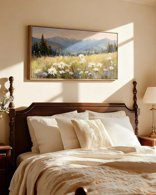 InSimSea Extra Large Framed Vintage Wall Art, Living Room Country Farmhouse Decor, Alpine Meadow Wildflowers Landscape Canvas Prints, Scenery Long Picture for Bedroom Above of Bed,20x40inch