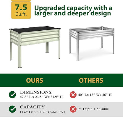 MUPATER 48" L x 24" W x 32" H Galvanized Steel Raised Garden Bed, 507lbs Capacity Large Metal Elevated Raised Planter Box with Legs & Detachable Black Liner for Patio, Balcony, Beige