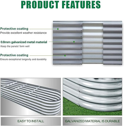 GrowHaus 8x2x1.4FT Galvanized Raised Garden Bed, Planter Boxes Outdoor Large Metal Garden Beds for Planting Vegetables Flowers Herbs Silver