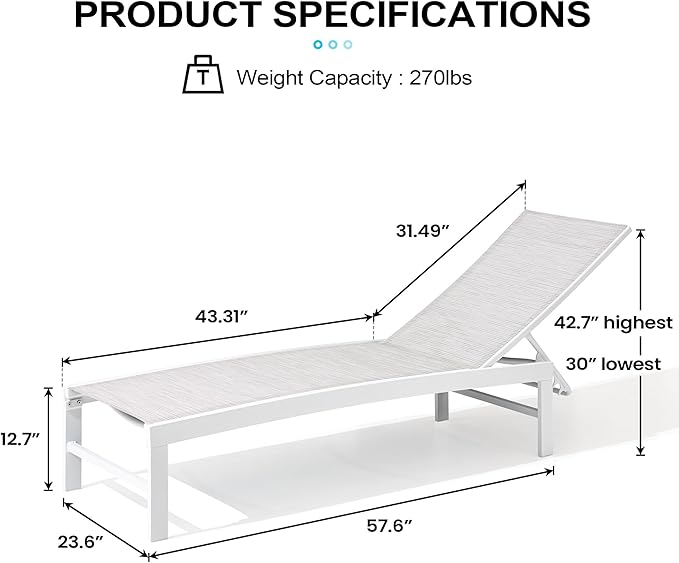 Crestlive Products Outdoor Lounge Chairs, Aluminum Pool Chaise Lounge Chairs, Adjustable Five-Position Tanning Recliner, All Weather for Patio, Beach, Yard, Pool (1PC Multi-Color)