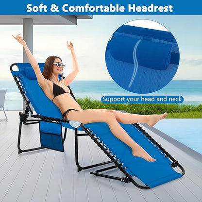 Giantex Patio Lounge Chairs for Outside - Folding Tanning Chair w/Headrest, 4 Adjustable Positions, Side Pocket, Outdoor Chaise Lounge for Camping, Pool, Sunbathing Beach Chair, Navy