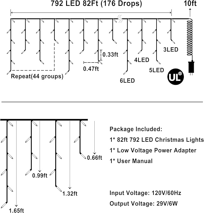 82ft 792 LED 176 Drops Christmas Lights, Outdoor Hanging lights with 8 Modes and Timer Memory, Plug In Outside Waterproof Curtain String Lights for House Fence Tree Holiday Party Decorations (Blue)