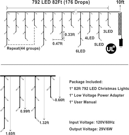 792 LED Christmas Lights with 176 Drops,82ft 8 Modes Fairy Hanging String Lights with Timer Waterproof, Plug-in Christmas String Lights for Holiday Wedding Party Christmas Decorations(Warm White)