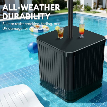 Umbrella Side Table Outdoor Patio Table with Umbrella Hole, Heavy Duty Plastic Poolside Table Holds 132 lbs with Water Filled Base, Fits ≤1.5”Umbrella Pole for Poolside & Backyard, White