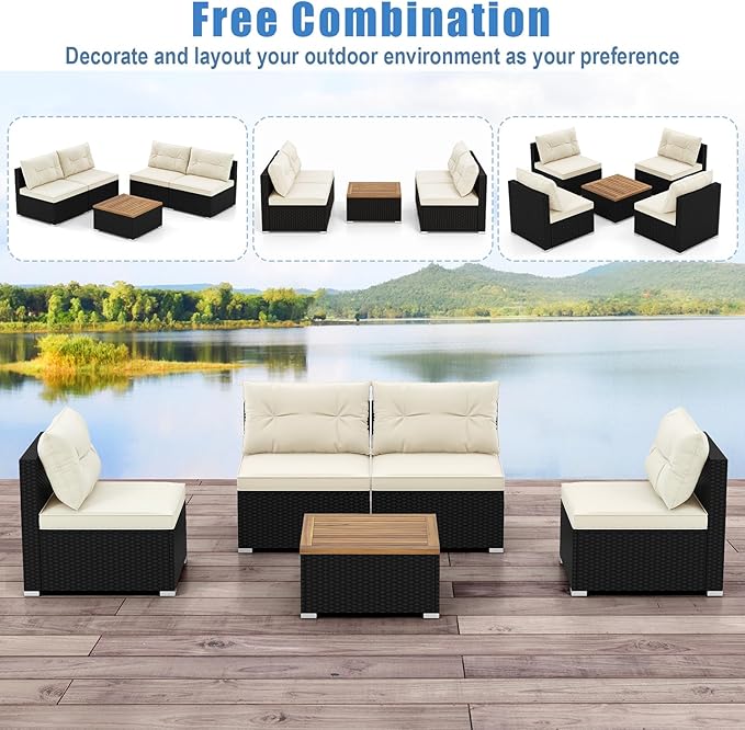 RELAX4LIFE 5-Piece Wicker Outdoor Furniture - PE Rattan Sectional Conversation Set w/4 Armless Sofas & Acacia Wood Coffee Table, Cushioned Patio Sofa Set for Garden Poolside Backyard Porch (Off White)