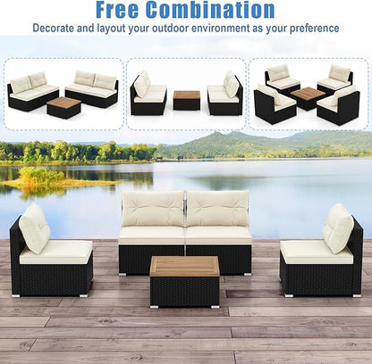 RELAX4LIFE 5-Piece Wicker Outdoor Furniture - PE Rattan Sectional Conversation Set w/4 Armless Sofas & Acacia Wood Coffee Table, Cushioned Patio Sofa Set for Garden Poolside Backyard Porch (Off White)