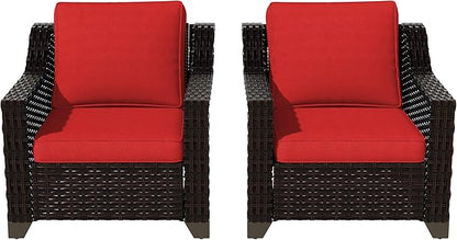 VistaVibe 2 Pieces Outdoor Armchairs, Patio Conversation Furniture Set, Washable Cushions, Luxurious Hand-Woven PE Rattan, Garden, Bistro, Deck, Backyard (Brown/Red)