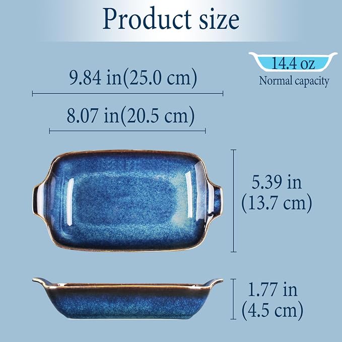 Ceramics Au Gratin baking Dishes Set of 2, Baking Tray Bake ware, 14.4oz Ramekins, for Pie Pan, Appetizer, Tart, Dessert, Quiche, Oven Small dish, individual dishes, Rectangular 9.8 Inch