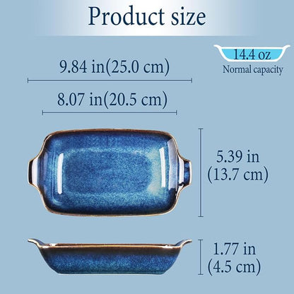 Ceramics Au Gratin baking Dishes Set of 2, Baking Tray Bake ware, 14.4oz Ramekins, for Pie Pan, Appetizer, Tart, Dessert, Quiche, Oven Small dish, individual dishes, Rectangular 9.8 Inch