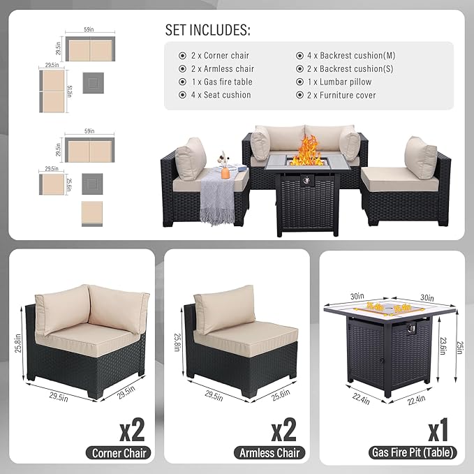 WAROOM Outdoor Patio PE Wicker 5 Piece Furniture Set, Black Rattan Sectional Conversation Sofa Chair with Square Propane Fire Pit Table, Khaki Cushion
