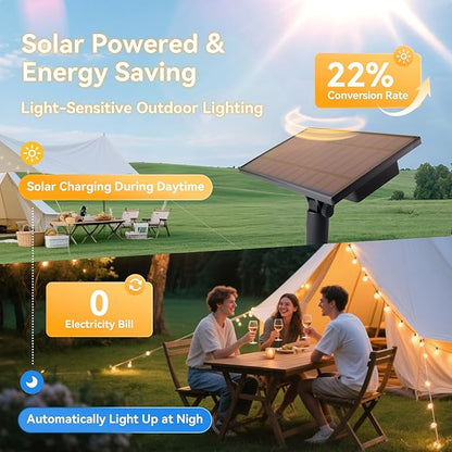 HJQ 60FT Solar String Lights Outdoor Waterproof, Patio Lights Solar Powered with Remote & USB Port, 20+1 LED Shatterproof Bulbs, 3 Light Modes, Dimmable Solar Hanging Lighting for Camping Yard Garden