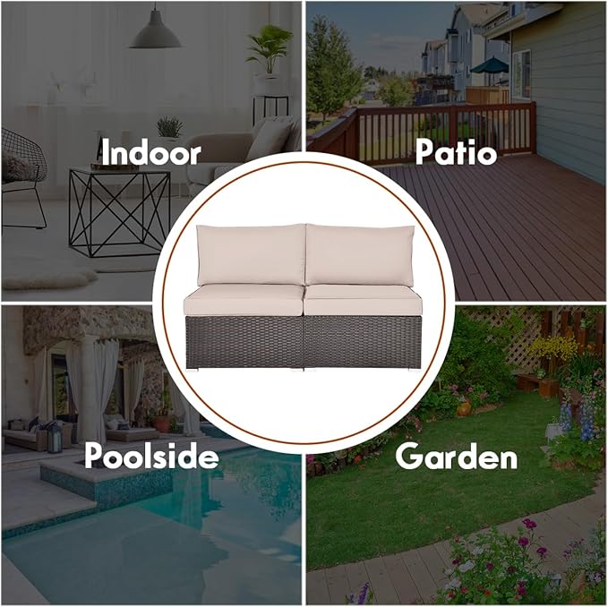 COSTWAY 2PCS PE Rattan Armless Sofa, Wicker Patio Conversation Set Chairs with Soft Cushion, Outdoor Sectional Furniture for Yard, Poolside (Beige)
