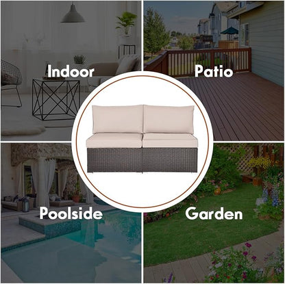 COSTWAY 2PCS PE Rattan Armless Sofa, Wicker Patio Conversation Set Chairs with Soft Cushion, Outdoor Sectional Furniture for Yard, Poolside (Beige)