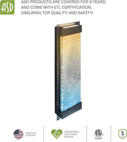 ASD LED 18" Bubble Glass Wall Light Fixture, Outdoor & Indoor Seeded Sconce | 3CCT, Waterproof, Dimmable, Up-Down Glow, ETL Listed | 22W 520LM 3000-5000K 100-277V | Exterior Porch Lighting | Black
