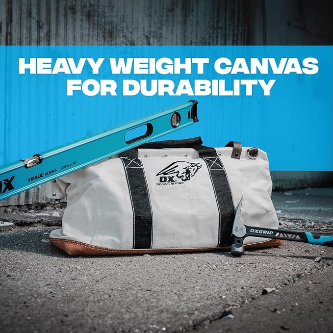 OX Tools Large Canvas Tool Bag 24 Inch Wide with Heavy Duty Masonry Tool Bag Straps and Reinforced Frame with Suede Leather Bottom for Construction Workers OX-P262924