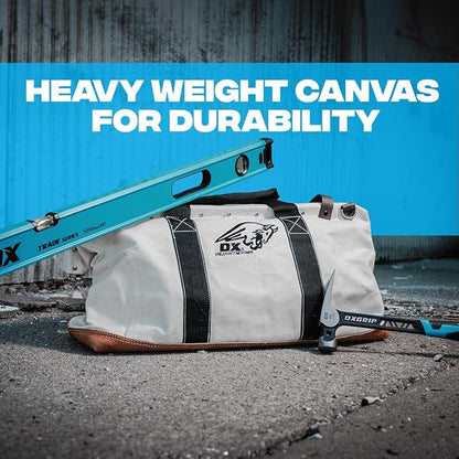 OX Tools Large Canvas Tool Bag 24 Inch Wide with Heavy Duty Masonry Tool Bag Straps and Reinforced Frame with Suede Leather Bottom for Construction Workers OX-P262924
