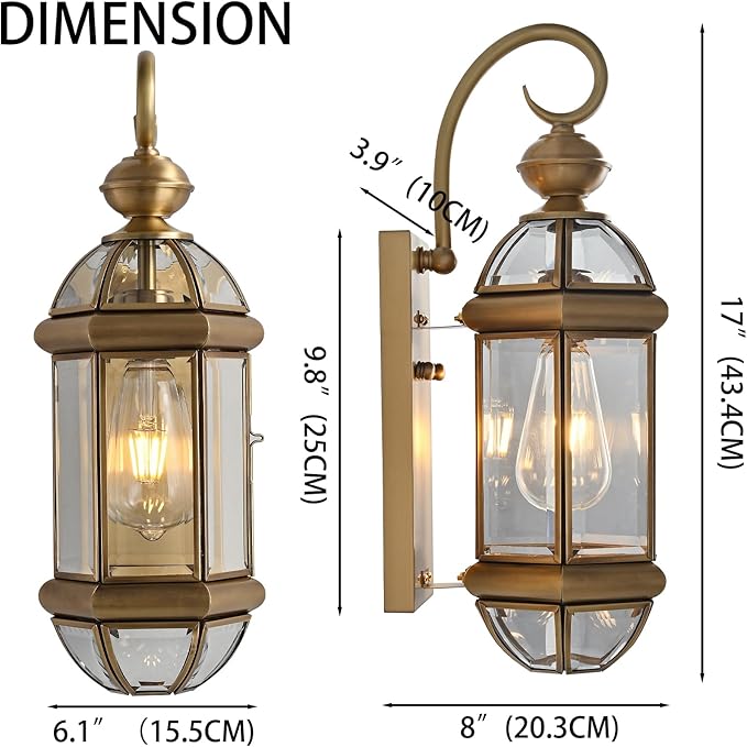 Milaii 17" H Copper Brass Outdoor Wall Light Exterior Lantern Gold Light Fixtures Outside Porch Lights IP65 Waterproof Paito Wall Mount Lighting for House
