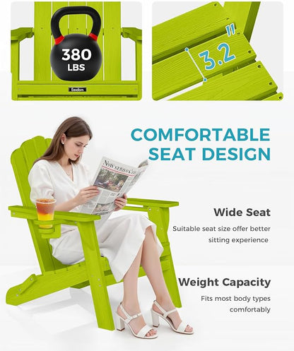 Adirondack Chairs Set of 4, Foldable Adirondack Chairs with 2 Cup Holder, Wood Texture HDPE Fire Pit Chairs, Outdoor Lawn Chair for Patio Garden, LemonGreen