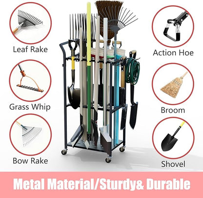 Faesun Garden Tool Organizer with Wheels, Heavy Duty Rolling Yard Tool Rack with 14 Hooks & 5 Slots, 3-Tier Metal Cart Holds 50+ Rakes/Shovels/Brooms, Mobile Lawn Storage for Garage Shed Outdoor