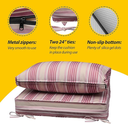 AAAAAcessories Outdoor Seat Cushions for Chairs, Fade-Resistant, Waterproof Patio Furniture Replacement Cushions, 23" x 23" x 5" + 23" x 13.5", Dusty Rose Garden Stripe