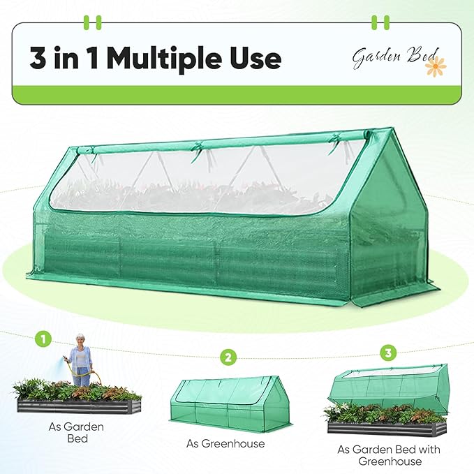 Quictent Raised Garden Bed Galvanized Raised Beds for Gardening Vegetables with Cover 8x4x1 ft Metal Planter Box Outdoor Use (Green)