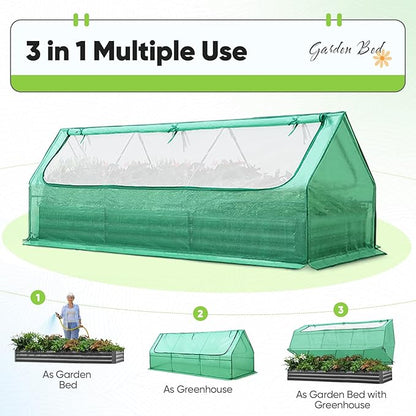 Quictent Raised Garden Bed Galvanized Raised Beds for Gardening Vegetables with Cover 8x4x1 ft Metal Planter Box Outdoor Use (Green)