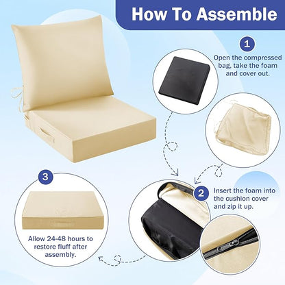 IASEAHK Outdoor Seat Cushion Set, Waterproof & Fade Resistant Patio Chair Cushions, Outdoors Cushion for Patio Furniture, 24 x 24 x 4 Inch, Outdoor Couch Cushions with Handle and Ties, Light Khaki