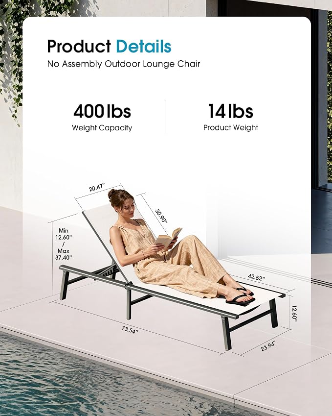 Ciokea Foldable Outdoor Lounge Chair Set of 2, No Assembly Aluminum Chaise Lounge Outdoor with 5 Adjustable Positions, Pool Lounge Chairs with Portable Design for Pool, Deck, Beach, Patio (White)