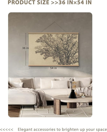 VIYYIEA Extra Large Canvas Wall Art 36x54 Inch Vintage Tree Sketch Landscape Hanging Scroll, Rustic Nature Wall Decor Oversized Artwork for Living Room Bedroom Above Sofa