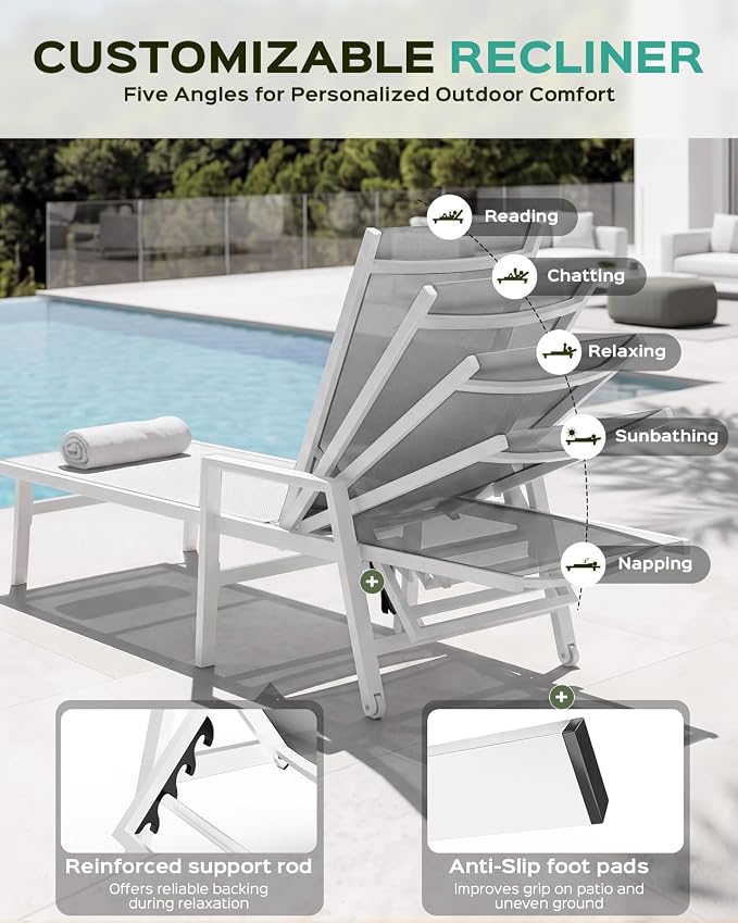 Vexwalx Patio Chaise Lounge Chair Outdoor with Wheels&Armrests, Aluminum Pool Lounge Chairs 5-Position Adjustable Recliner, Outdoor Beach Lounge Chairs for Outside, Patio, Deck, Yard, White