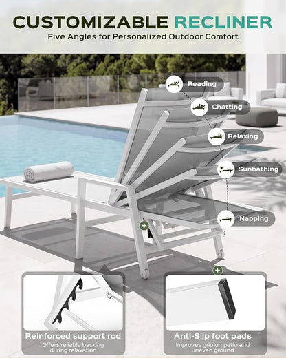Patio Chaise Lounge Chair Outdoor with Wheels&Armrests, Aluminum Pool Lounge Chairs Five-Position Adjustable Recliner with Side Table, Outdoor Beach Lounge Chairs for Outside, Deck, Yard, White