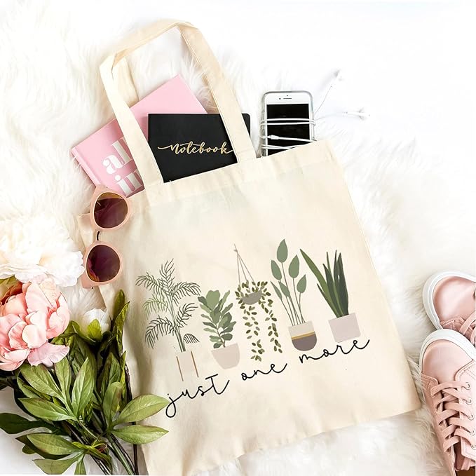 TSIIUO Women's Just One More Plant Canvas Tote Bag Funny Gardener Gift Plant Lover Reusable Shopping Canvas Bag