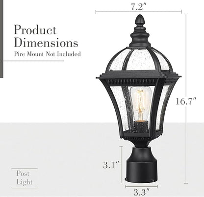 Emliviar Farmhouse Outdoor Post Lighting, Exterior Pole Lantern with Seeded Glass, 16.7" Post Lamp for Garden, Driveway & Pathway, XE266P-S BK