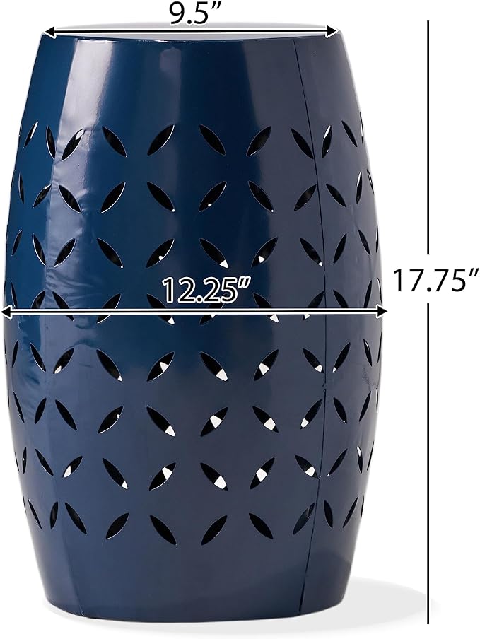 Christopher Knight Home Hayon 17.75'' Small Outdoor Side Table, Metal Outdoor Stool, Lace Cut Iron End Table, Hollow Drum Round Side Table, Decorative Garden Stool with Cutout Design, Dark Blue