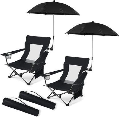 HaSteeL Low Beach Chair Set of 2, Foldable Black Camping Chair with Adjustable Umbrella Set for Adults, Lightweight Portable Lawn Chairs for Fishing, Picnic, Outdoor BBQ, Travel, Sports