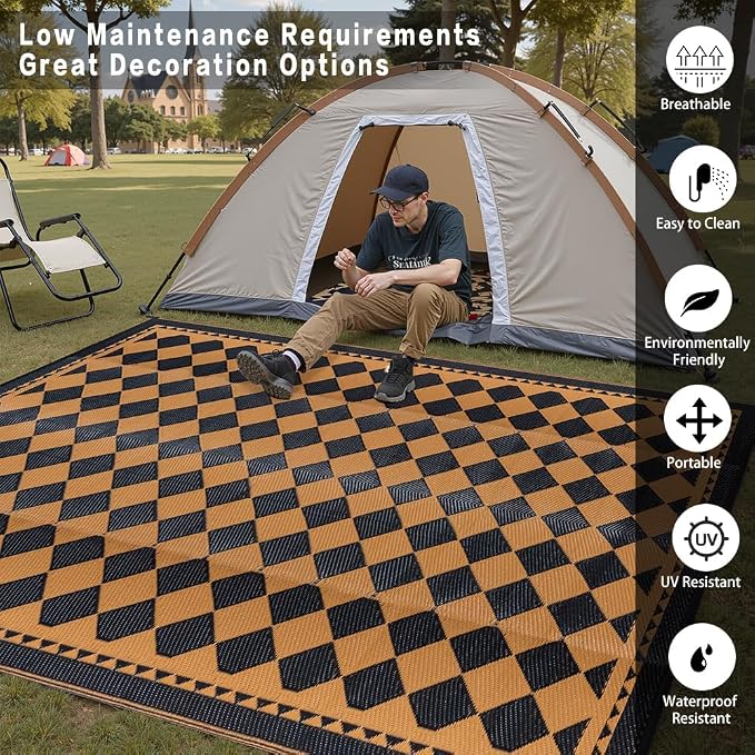 HUGEAR Outdoor Waterproof Rug 9'x12' Plastic Straw Rugs Washable Reversible Floor Mat Brown Plaid Carpet for Camping RV Deck Entryance Porch Picnic Balcony Beach Backyard