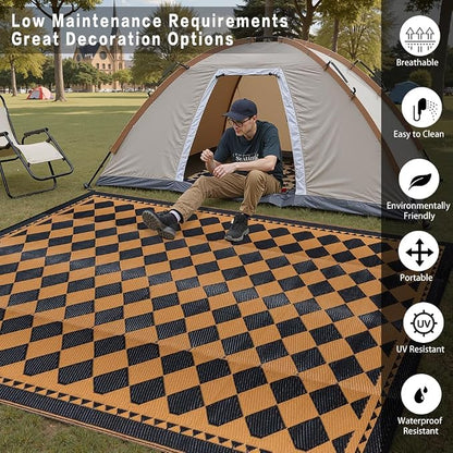 HUGEAR Outdoor Waterproof Rug 9'x12' Plastic Straw Rugs Washable Reversible Floor Mat Brown Plaid Carpet for Camping RV Deck Entryance Porch Picnic Balcony Beach Backyard