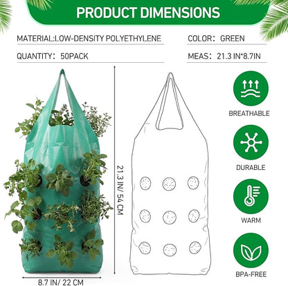 50 Pack Hanging Strawberry Planter Grow Bags, 9 Hole Plastic Hanging Vertical Planters, Upside Down Garden Bags with Reinforced Handles for Outdoor Wall Strawberries, Cherry, Tomatoes, Flowers, Tomato