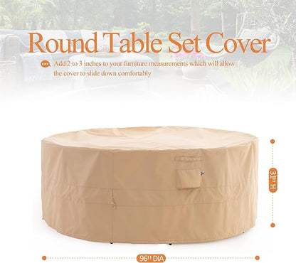 WJ-X3 Round Patio Furniture Cover, 96" D x 31" H, Waterproof, UV Resistant, Anti-Fading Outdoor Cover for Round Dining Table and Chairs Set, Beige