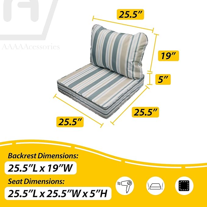 AAAAAcessories Outdoor Seat Cushions for Chairs, Fade-Resistant, Waterproof Patio Furniture Replacement Cushions, 25.5" x 25.5" x 5" + 25.5" x 19", Slate Gray Blue Coastal Stripe