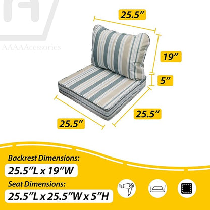 AAAAAcessories Outdoor Seat Cushions for Chairs, Fade-Resistant, Waterproof Patio Furniture Replacement Cushions, 25.5" x 25.5" x 5" + 25.5" x 19", Slate Gray Blue Coastal Stripe