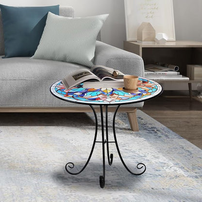 Mosaic Side Table Outdoor, 18 Inch Metal Accent Table, Indoor Small Round End Tables, Plant Stand Tables for Patio Yard Balcony Garden Bedside