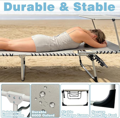 Outdoor Tanning Chair with Sun Canopy Shade & Face Hole, Folding Lounge Chair with Beach Table and Carry Bag for Poolside Sunbathing Lawn