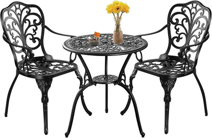 3 Piece Outdoor Bistro Set, Rustproof Outdoor Patio Furniture, Cast Aluminum Bistro Table Set with Umbrella Hole for Backyard, Balcony, Front Porch, Lawn, Pool (Black)