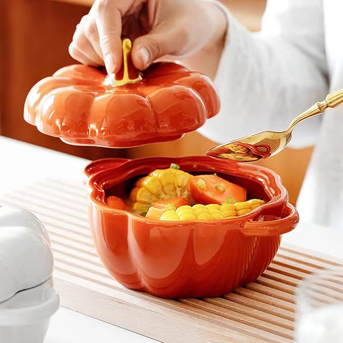 Pumpkin Bowl Set with Lid and Handle, Set of 2 Ceramic Ramekins for Baking, Casserole Dish Individual Severing Pot, Stoneware, Oven Safe, 14 Oz (Orange and White)