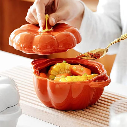 Pumpkin Bowl Set with Lid and Handle, Set of 2 Ceramic Ramekins for Baking, Casserole Dish Individual Severing Pot, Stoneware, Oven Safe, 14 Oz (Orange)