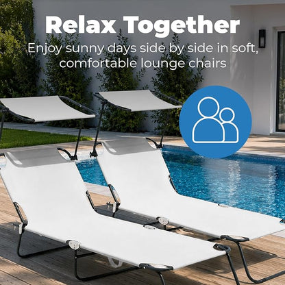 Folding Outdoor Lounge Chair with Canopy - Portable & Adjustable Beach Lounge Chair - 5-Positions, Carry Handles, 600D Fabric, 220 lbs Capacity – Tanning Chaise Lounge for Beach, Patio (2, Cream)