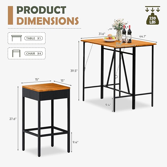 Devoko Patio Bar Set 5 Pieces Acacia Wood Patio High Top Bar Table and Stools Chairs Set Foldable Outdoor Bar Stools Set of 2 for Garden, Balcony