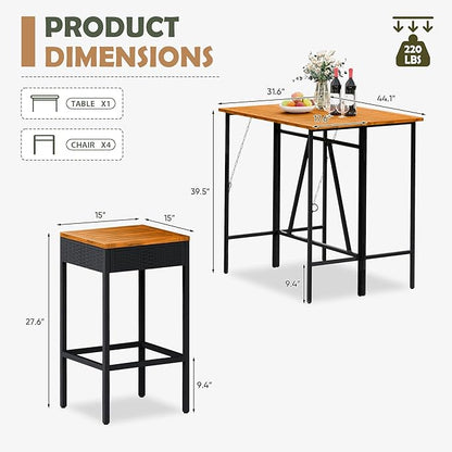 Devoko Patio Bar Set 5 Pieces Acacia Wood Patio High Top Bar Table and Stools Chairs Set Foldable Outdoor Bar Stools Set of 2 for Garden, Balcony