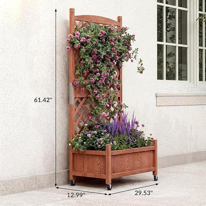 IDEALHOUS Large Raised Garden Bed with Trellis & Wheels, 61" Wooden Mobile Planter Box with Drainage Hole, Freestanding Vertical Planter for Outdoor Indoor Patio Lawn Herbs Flowers Vegetables, 1 Pack
